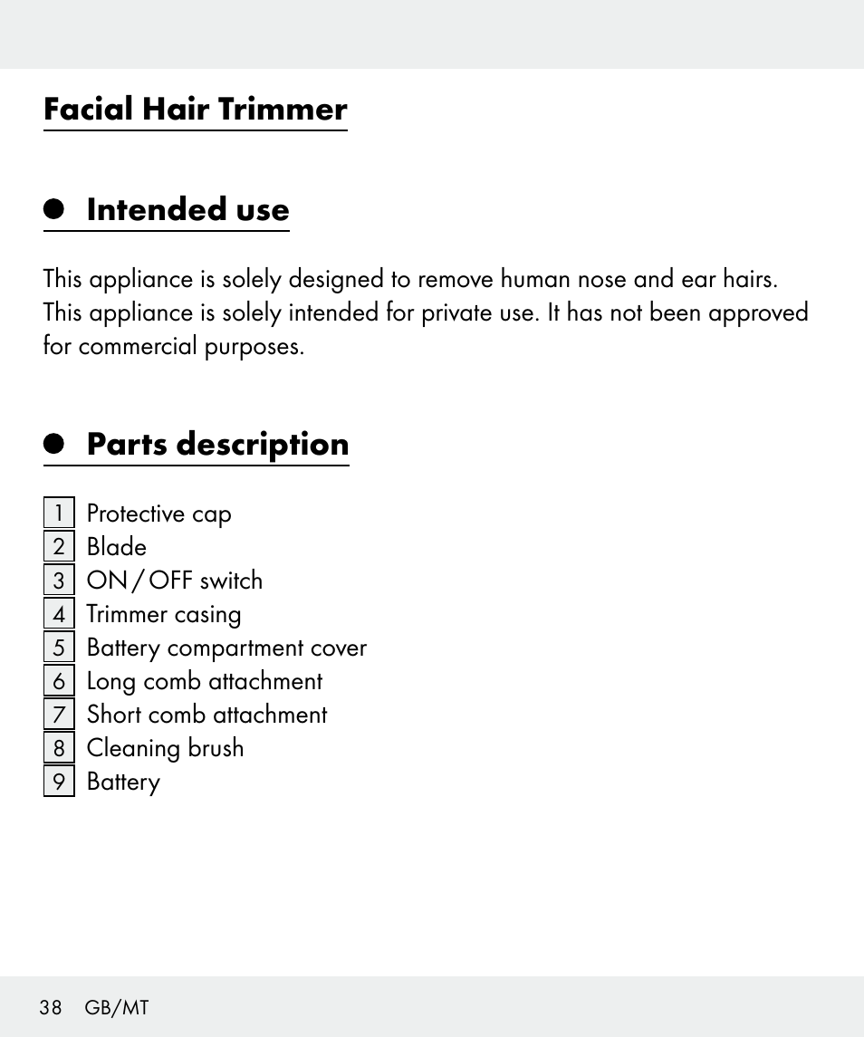 Facial hair trimmer intended use, Parts description | Silvercrest Z31635 User Manual | Page 38 / 56