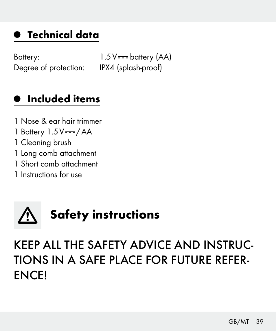 Technical data, Included items | Silvercrest Z31635 User Manual | Page 39 / 56