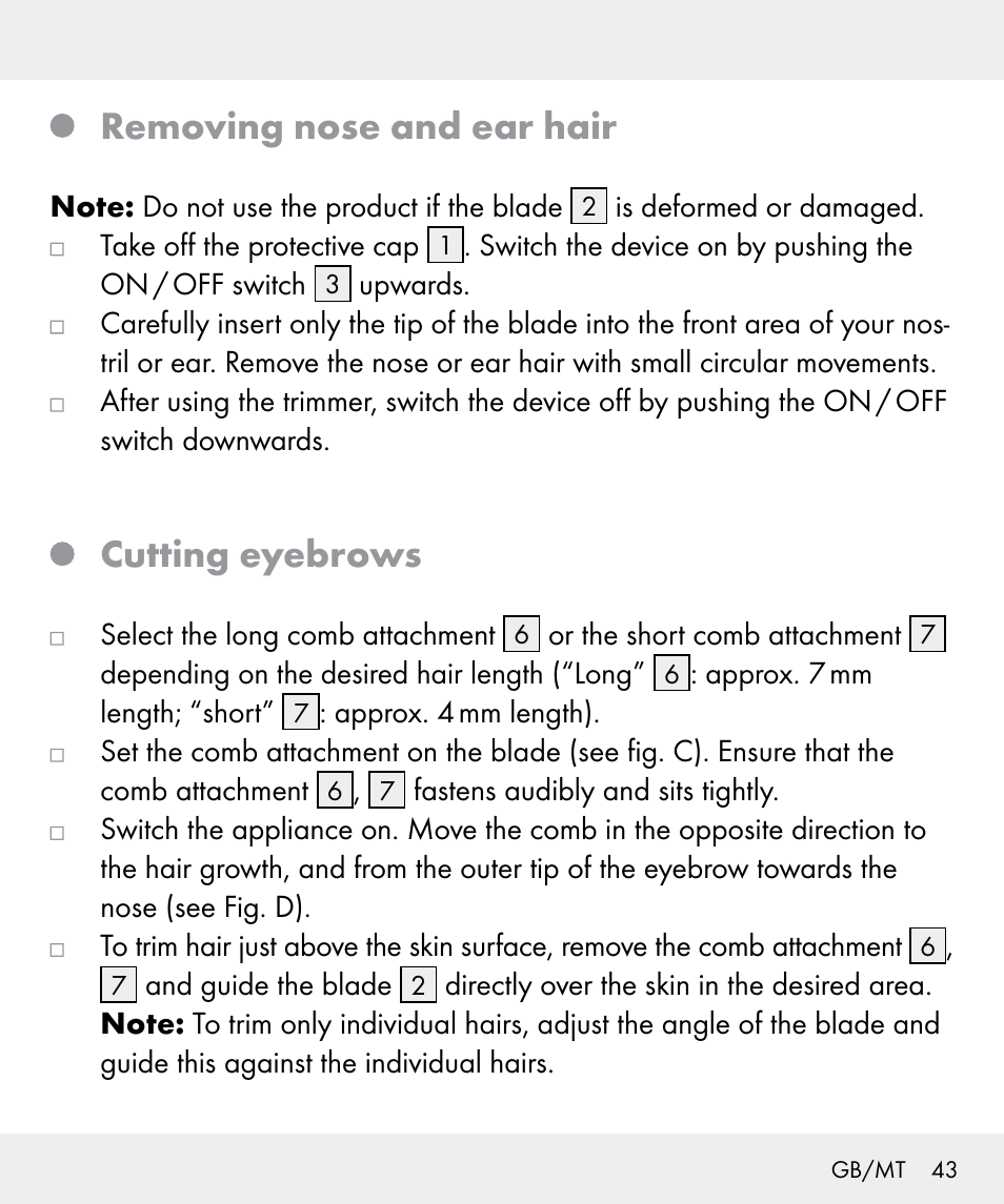 Removing nose and ear hair, Cutting eyebrows | Silvercrest Z31635 User Manual | Page 43 / 56