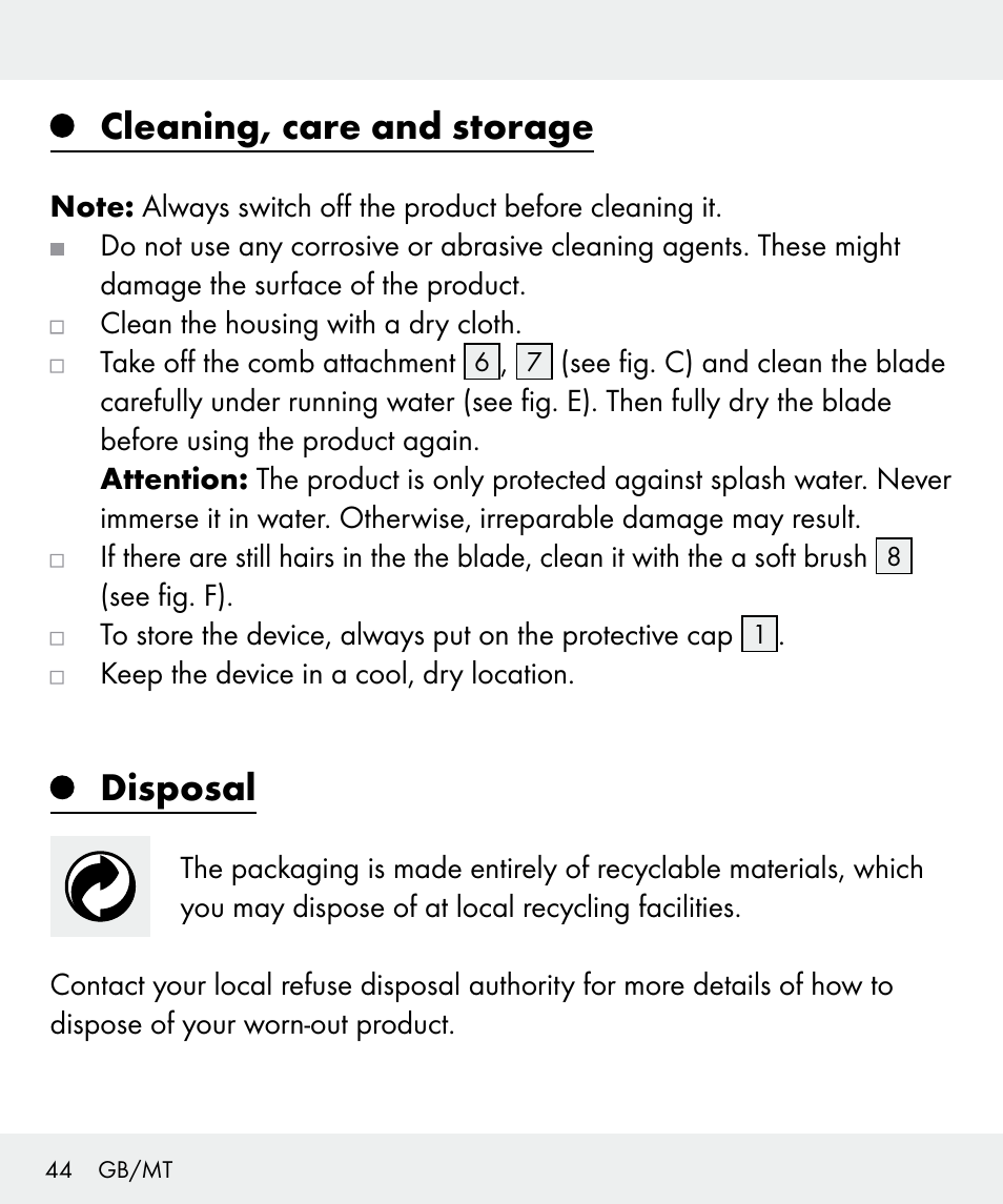 Cleaning, care and storage, Disposal | Silvercrest Z31635 User Manual | Page 44 / 56