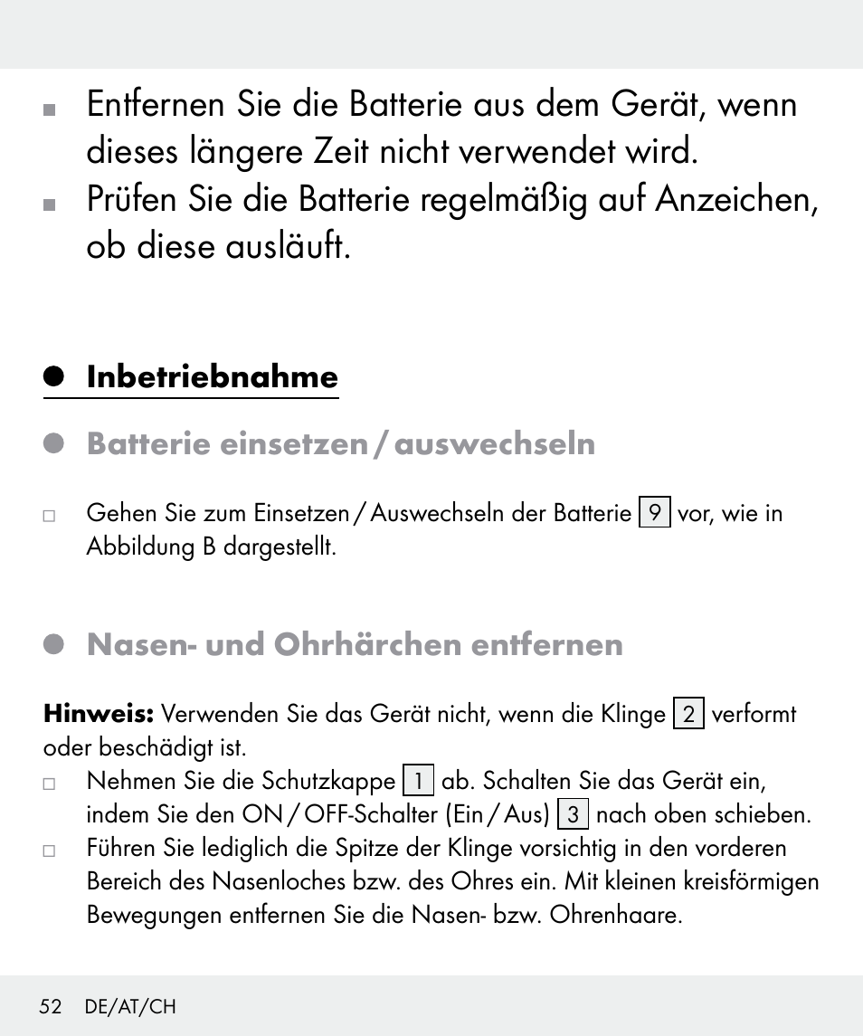 Inbetriebnahme batterie einsetzen / auswechseln, Nasen- und ohrhärchen entfernen | Silvercrest Z31635 User Manual | Page 52 / 56