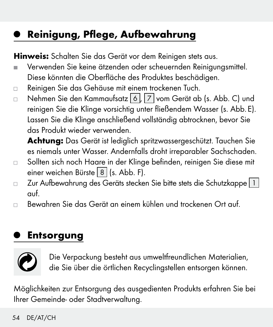 Reinigung, pflege, aufbewahrung, Entsorgung | Silvercrest Z31635 User Manual | Page 54 / 56