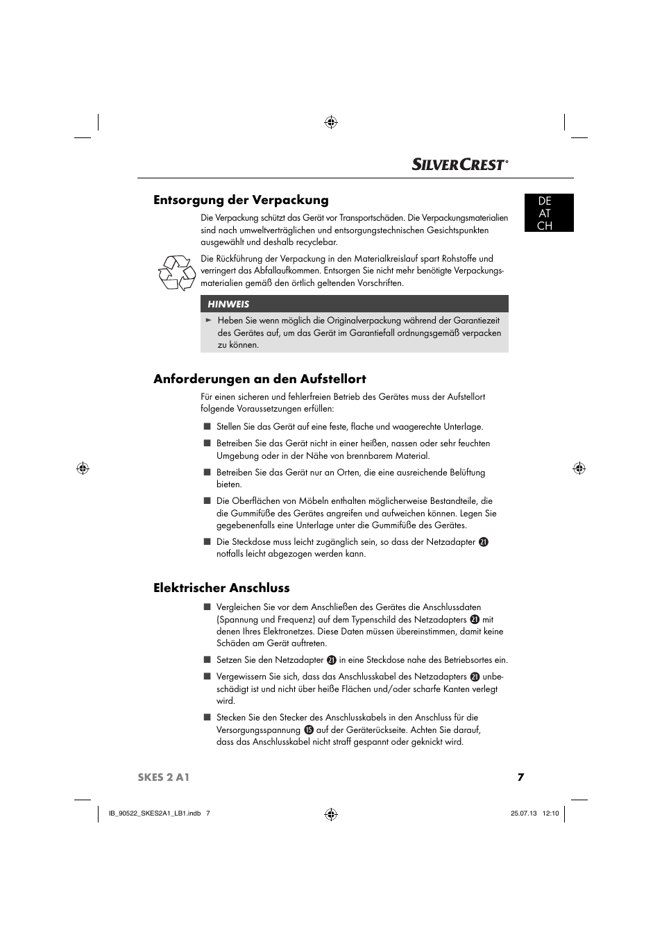 Entsorgung der verpackung, Anforderungen an den aufstellort, Elektrischer anschluss | De at ch | Silvercrest SKES 2 A1 User Manual | Page 10 / 74