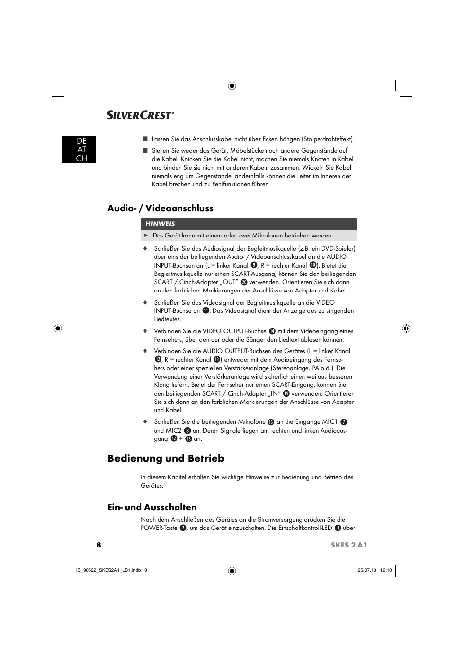 Bedienung und betrieb, Audio- / videoanschluss, Ein- und ausschalten | De at ch | Silvercrest SKES 2 A1 User Manual | Page 11 / 74
