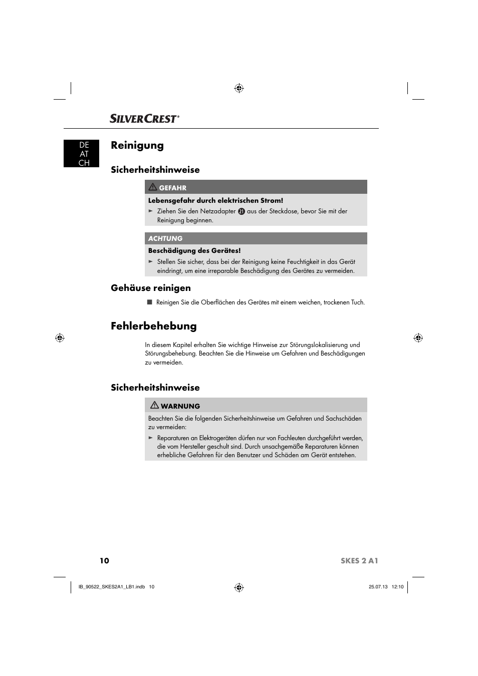 Reinigung, Fehlerbehebung, Sicherheitshinweise | Gehäuse reinigen, De at ch | Silvercrest SKES 2 A1 User Manual | Page 13 / 74