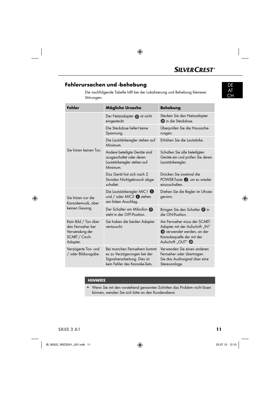 Fehlerursachen und -behebung, De at ch | Silvercrest SKES 2 A1 User Manual | Page 14 / 74