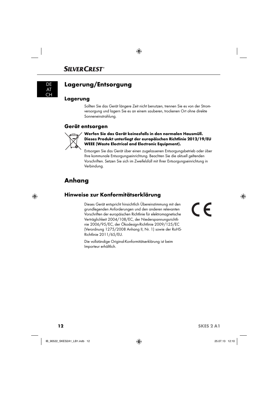 Lagerung/entsorgung, Anhang, Lagerung | Gerät entsorgen, Hinweise zur konformitätserklärung | Silvercrest SKES 2 A1 User Manual | Page 15 / 74