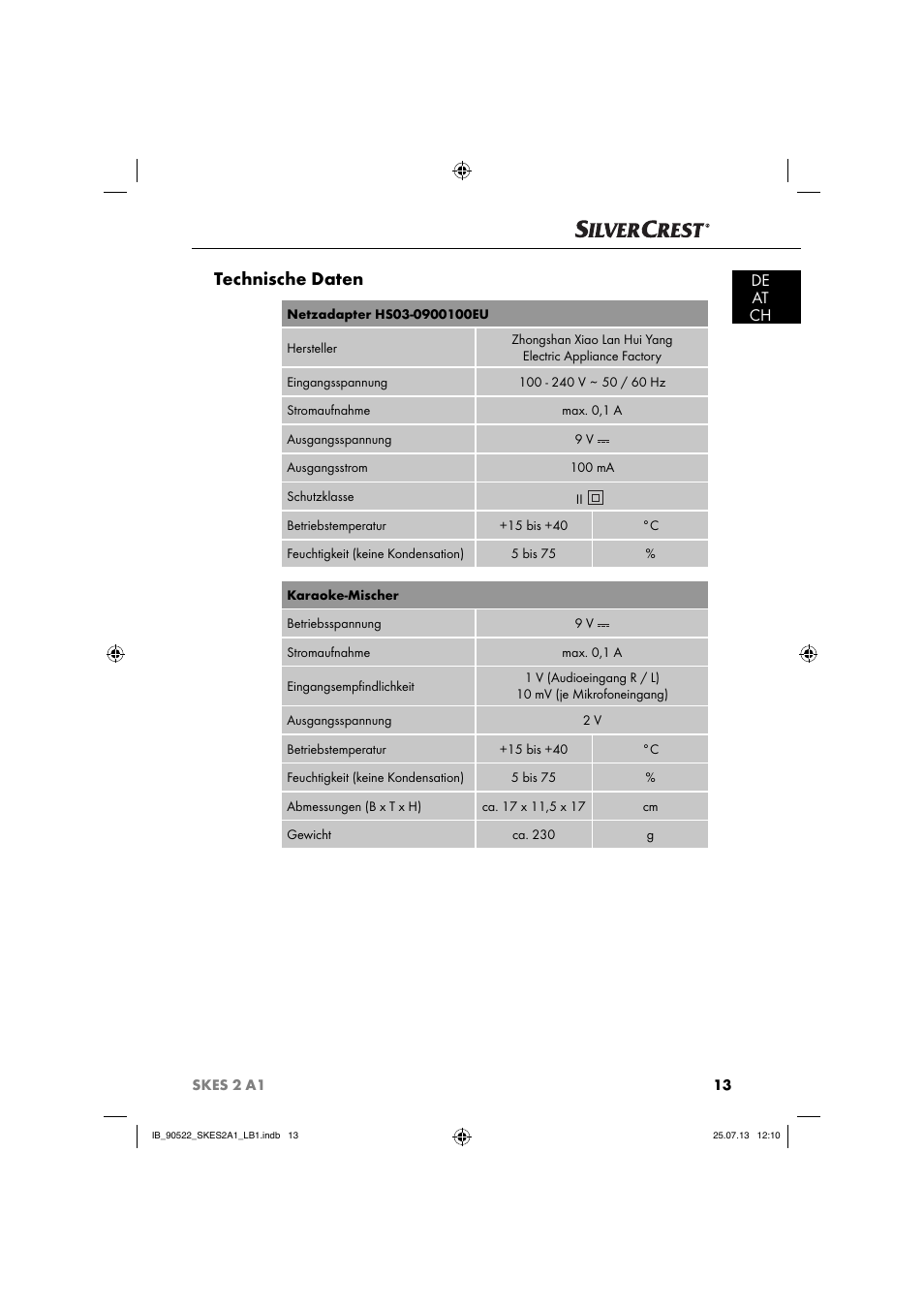 Technische daten, De at ch | Silvercrest SKES 2 A1 User Manual | Page 16 / 74