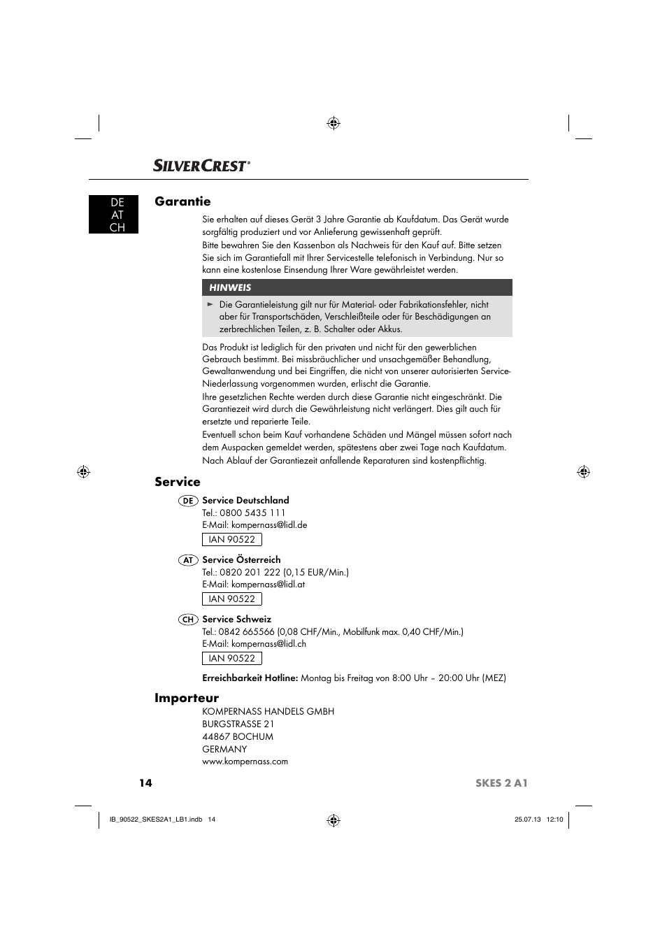 Garantie, Service, Importeur | De at ch | Silvercrest SKES 2 A1 User Manual | Page 17 / 74