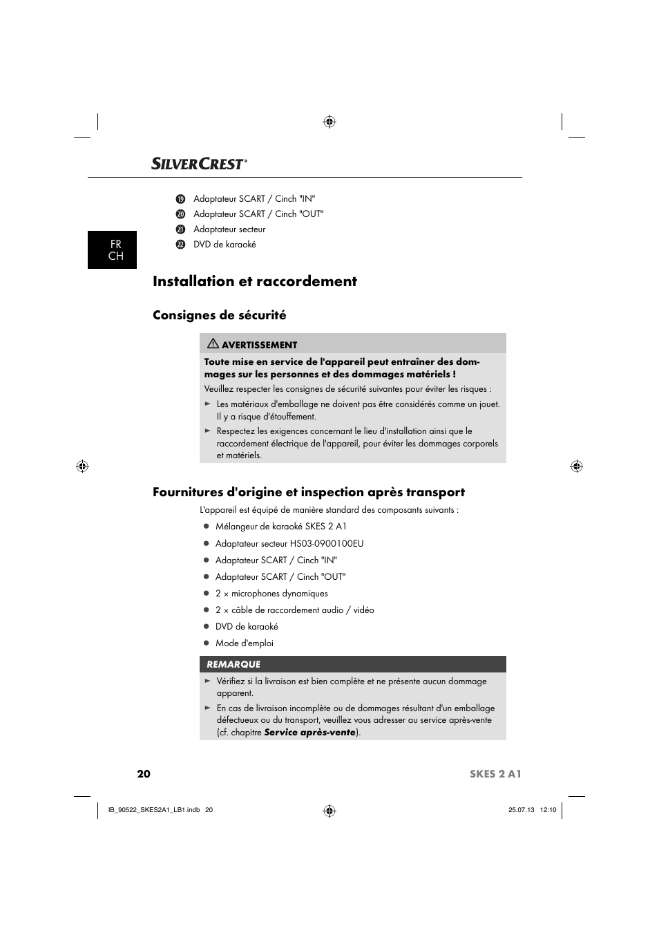 Installation et raccordement, Consignes de sécurité, Fr ch | Silvercrest SKES 2 A1 User Manual | Page 23 / 74
