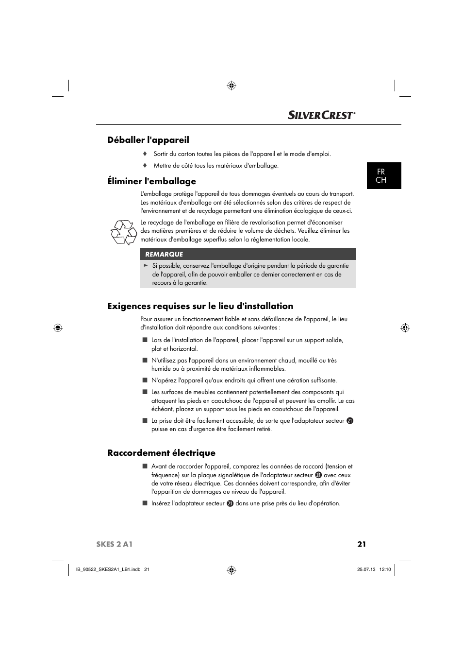 Déballer l'appareil, Éliminer l'emballage, Exigences requises sur le lieu d'installation | Raccordement électrique, Fr ch | Silvercrest SKES 2 A1 User Manual | Page 24 / 74