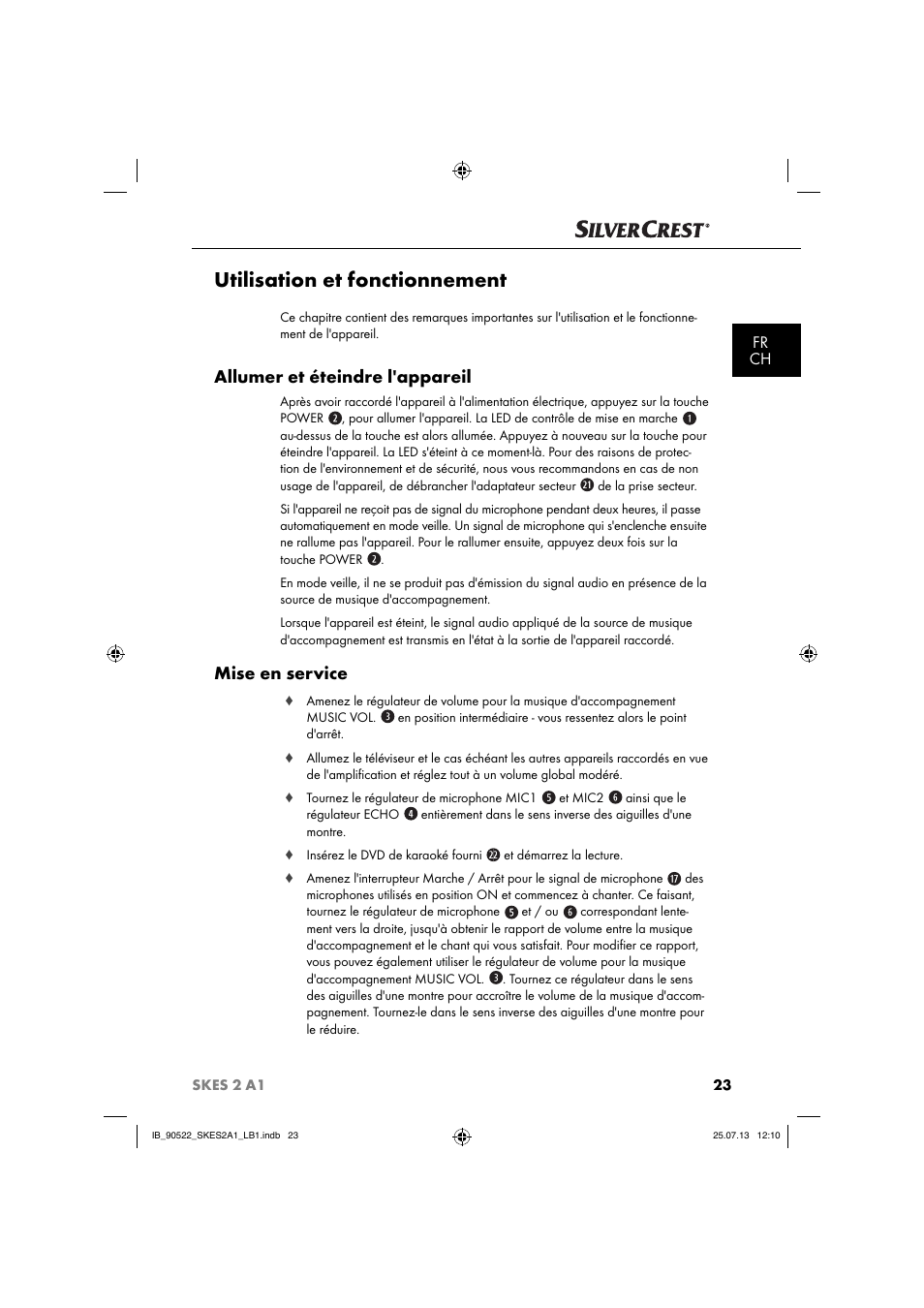 Utilisation et fonctionnement, Allumer et éteindre l'appareil, Mise en service | Fr ch | Silvercrest SKES 2 A1 User Manual | Page 26 / 74