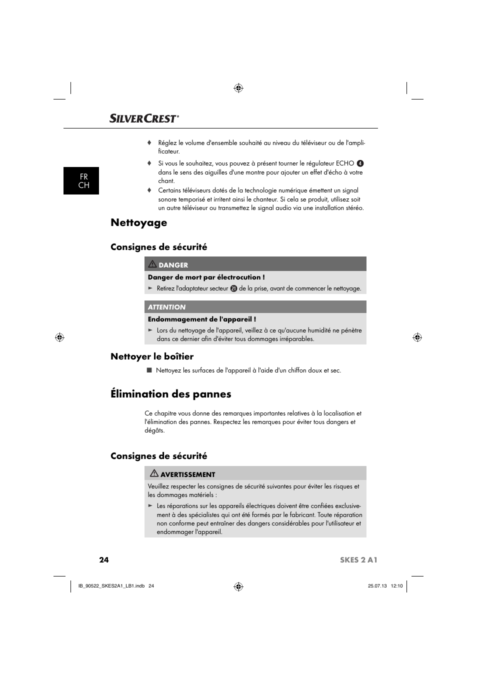 Nettoyage, Élimination des pannes, Consignes de sécurité | Nettoyer le boîtier, Fr ch | Silvercrest SKES 2 A1 User Manual | Page 27 / 74