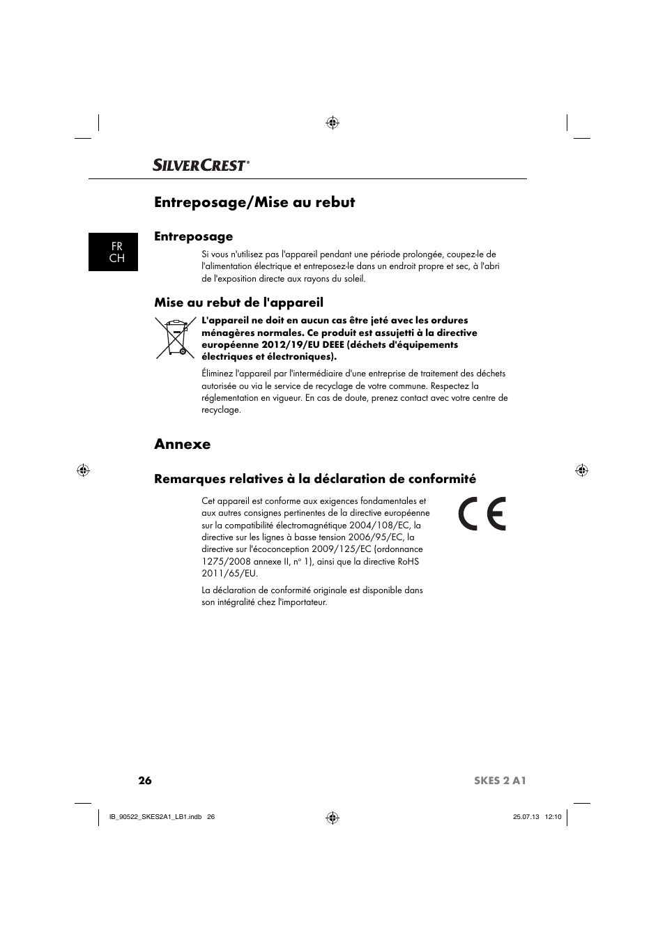 Entreposage/mise au rebut, Annexe, Entreposage | Mise au rebut de l'appareil, Remarques relatives à la déclaration de conformité, Fr ch | Silvercrest SKES 2 A1 User Manual | Page 29 / 74