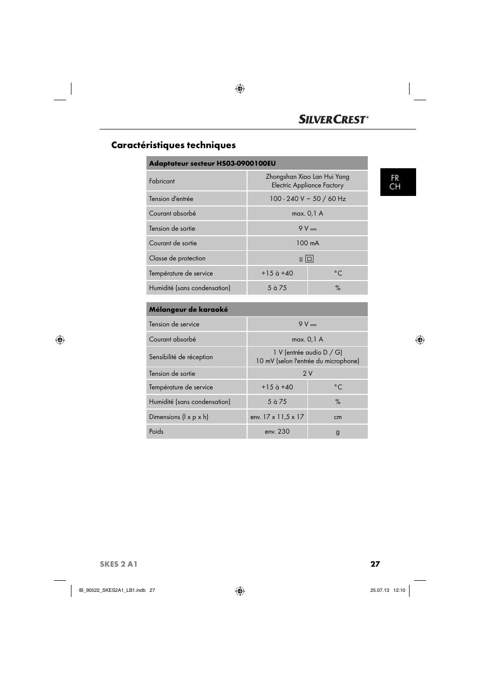 Caractéristiques techniques, Fr ch | Silvercrest SKES 2 A1 User Manual | Page 30 / 74