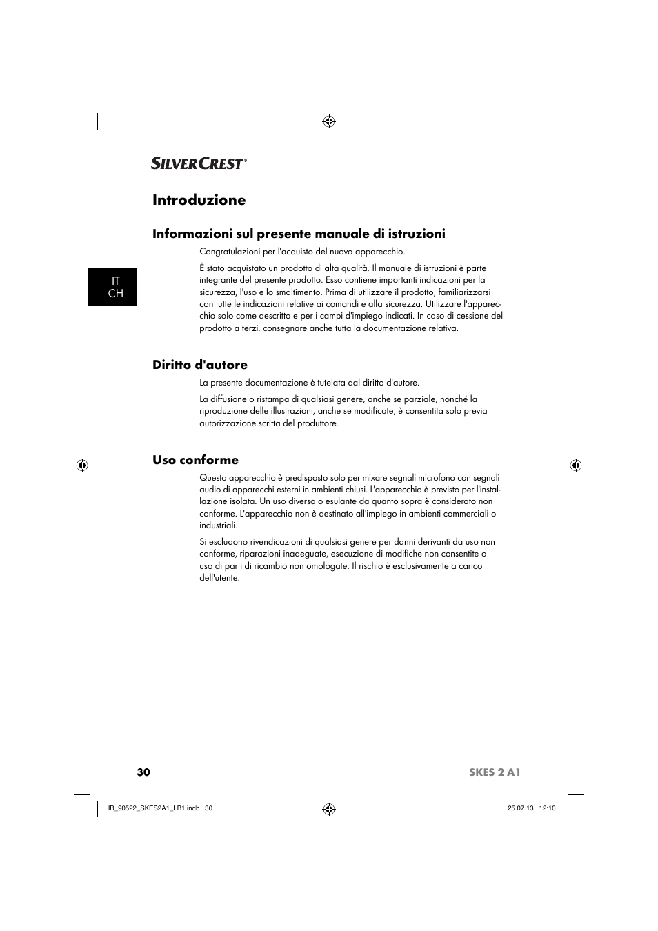 Introduzione, Informazioni sul presente manuale di istruzioni, Diritto d'autore | Uso conforme, It ch | Silvercrest SKES 2 A1 User Manual | Page 33 / 74