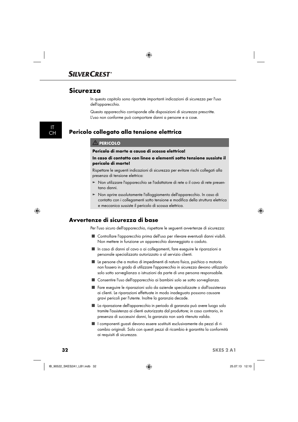 Sicurezza, Pericolo collegato alla tensione elettrica, Avvertenze di sicurezza di base | It ch | Silvercrest SKES 2 A1 User Manual | Page 35 / 74