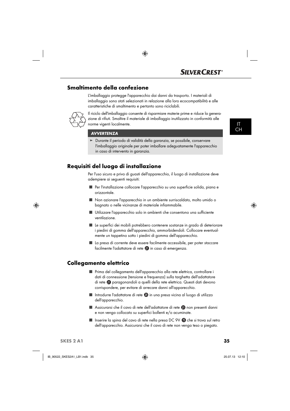 Smaltimento della confezione, Requisiti del luogo di installazione, Collegamento elettrico | It ch | Silvercrest SKES 2 A1 User Manual | Page 38 / 74