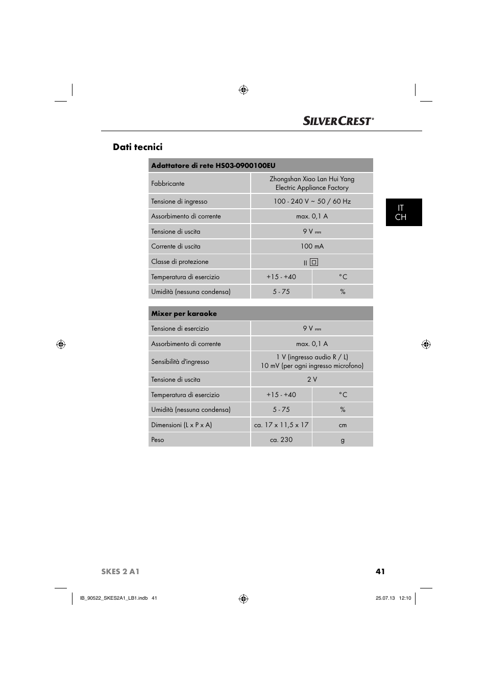 Dati tecnici, It ch | Silvercrest SKES 2 A1 User Manual | Page 44 / 74