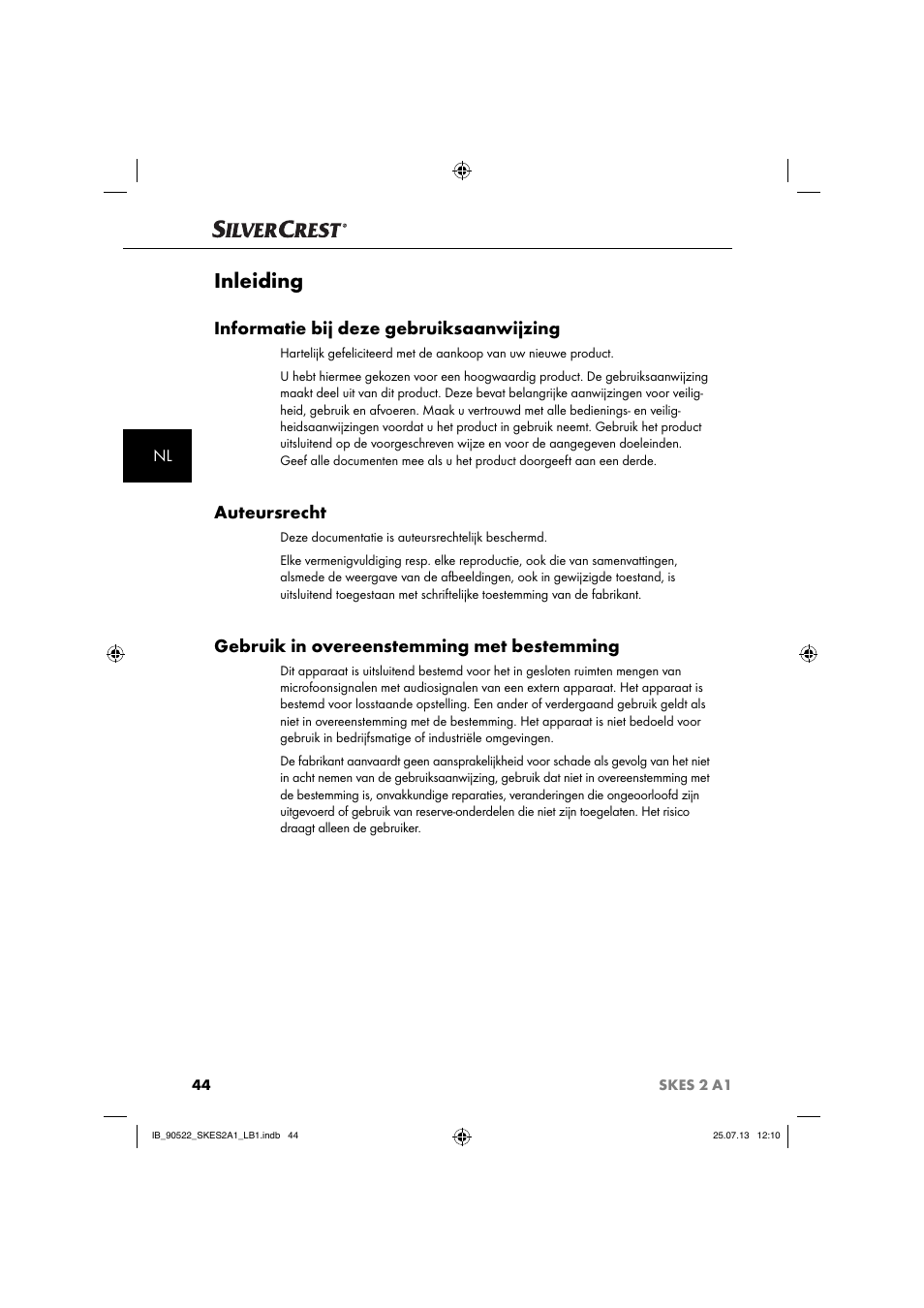 Inleiding, Informatie bij deze gebruiksaanwijzing, Auteursrecht | Gebruik in overeenstemming met bestemming | Silvercrest SKES 2 A1 User Manual | Page 47 / 74