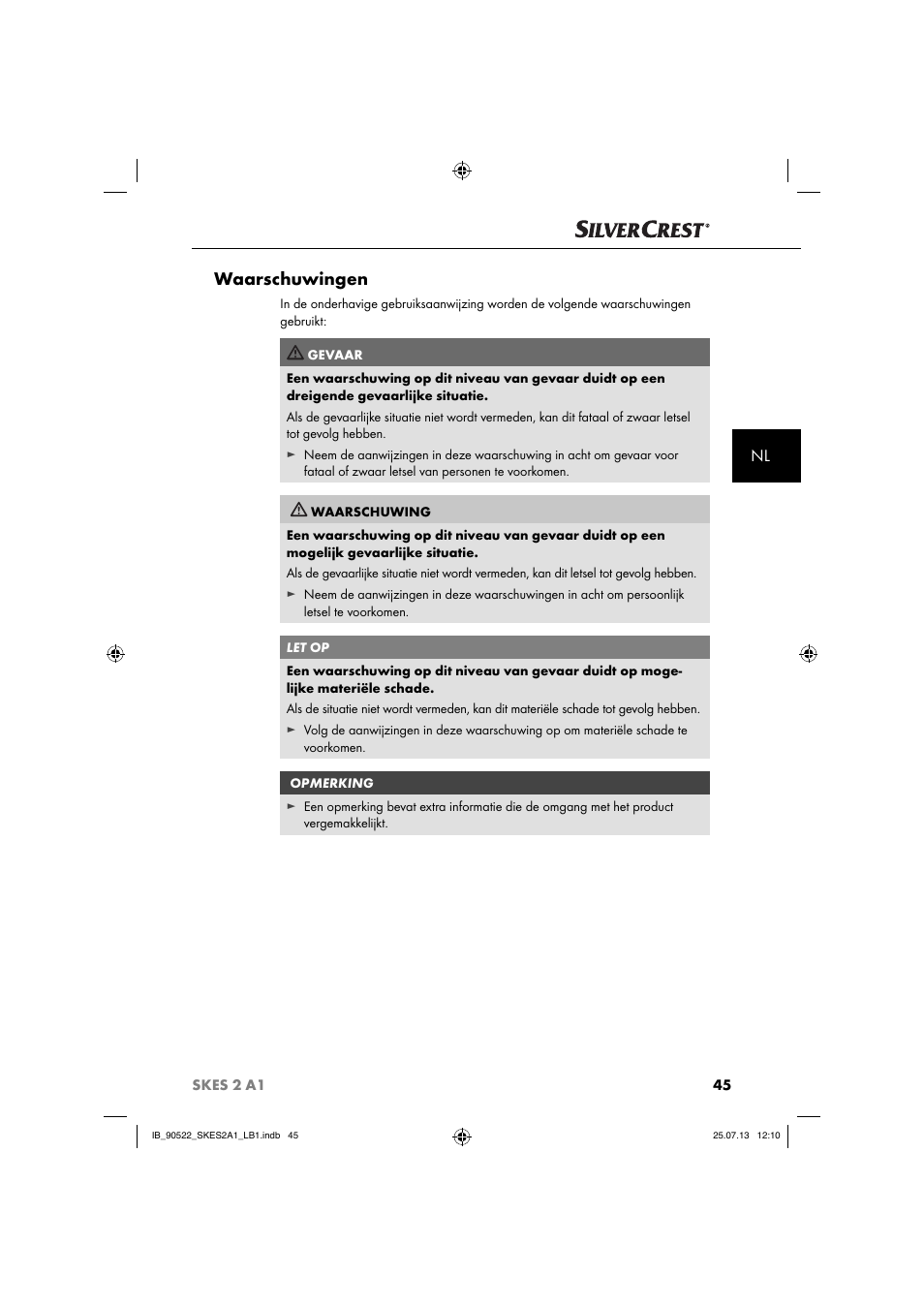 Waarschuwingen | Silvercrest SKES 2 A1 User Manual | Page 48 / 74