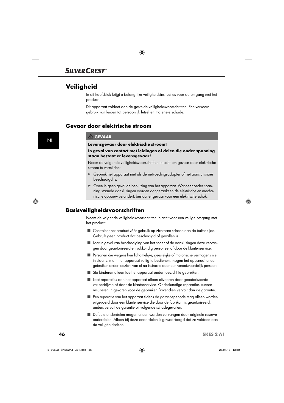 Veiligheid, Gevaar door elektrische stroom, Basisveiligheidsvoorschriften | Silvercrest SKES 2 A1 User Manual | Page 49 / 74
