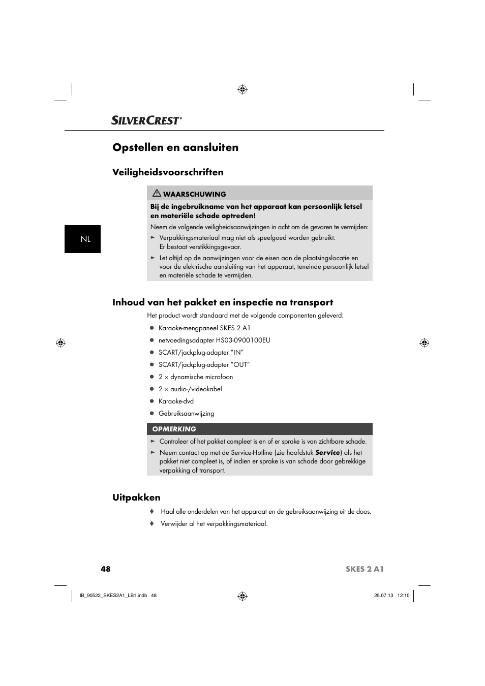 Opstellen en aansluiten, Veiligheidsvoorschriften, Inhoud van het pakket en inspectie na transport | Uitpakken | Silvercrest SKES 2 A1 User Manual | Page 51 / 74