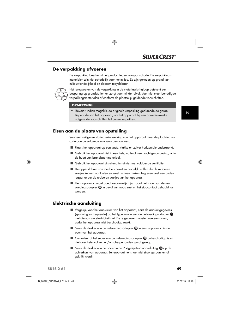 De verpakking afvoeren, Eisen aan de plaats van opstelling, Elektrische aansluiting | Silvercrest SKES 2 A1 User Manual | Page 52 / 74