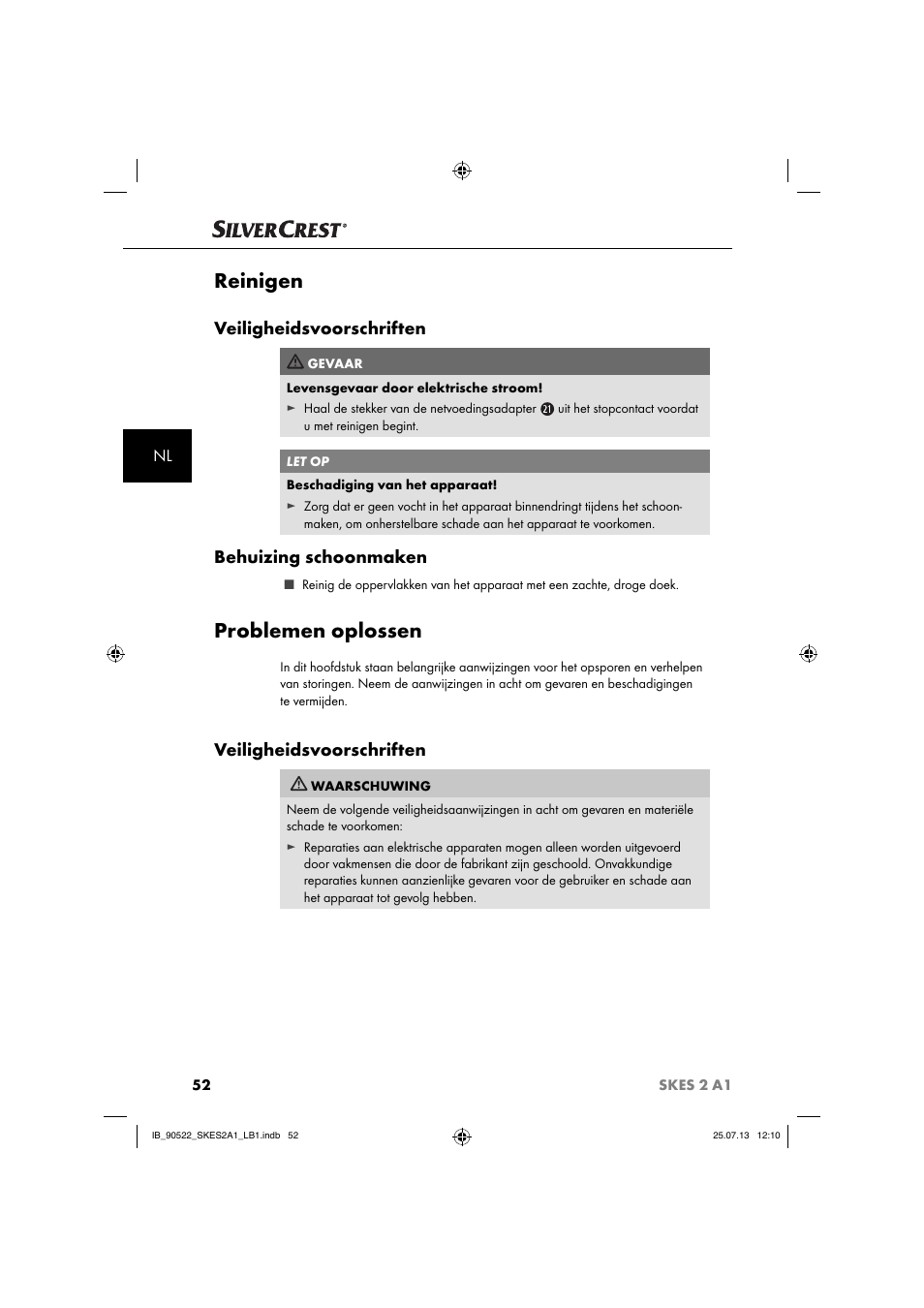 Reinigen, Problemen oplossen, Veiligheidsvoorschriften | Behuizing schoonmaken | Silvercrest SKES 2 A1 User Manual | Page 55 / 74