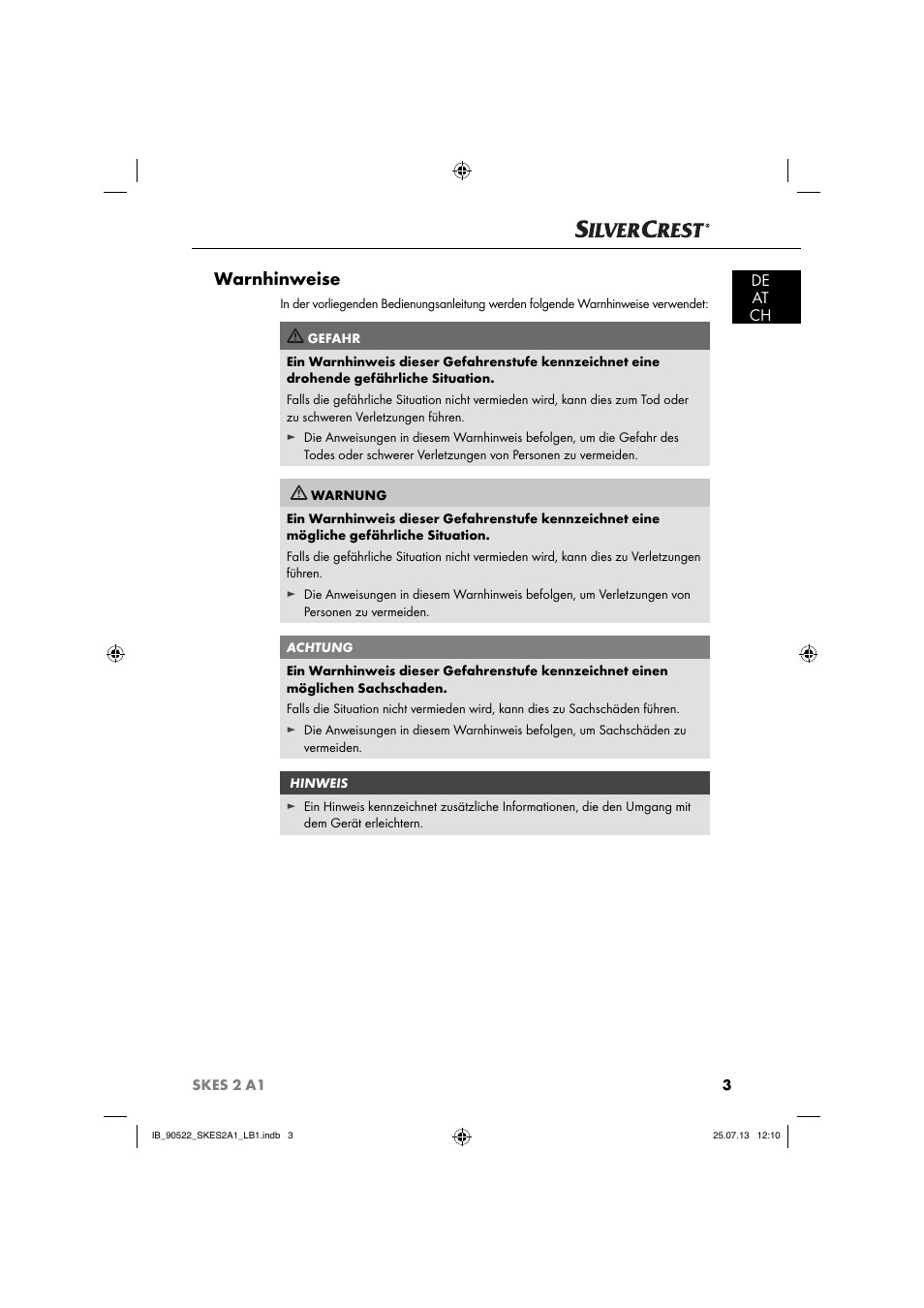 Warnhinweise, De at ch | Silvercrest SKES 2 A1 User Manual | Page 6 / 74