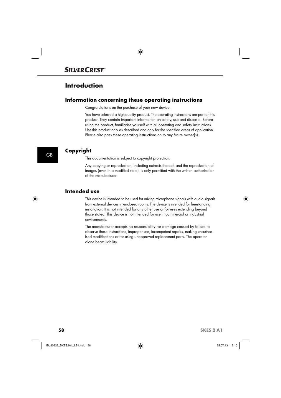 Introduction, Copyright, Intended use | Silvercrest SKES 2 A1 User Manual | Page 61 / 74