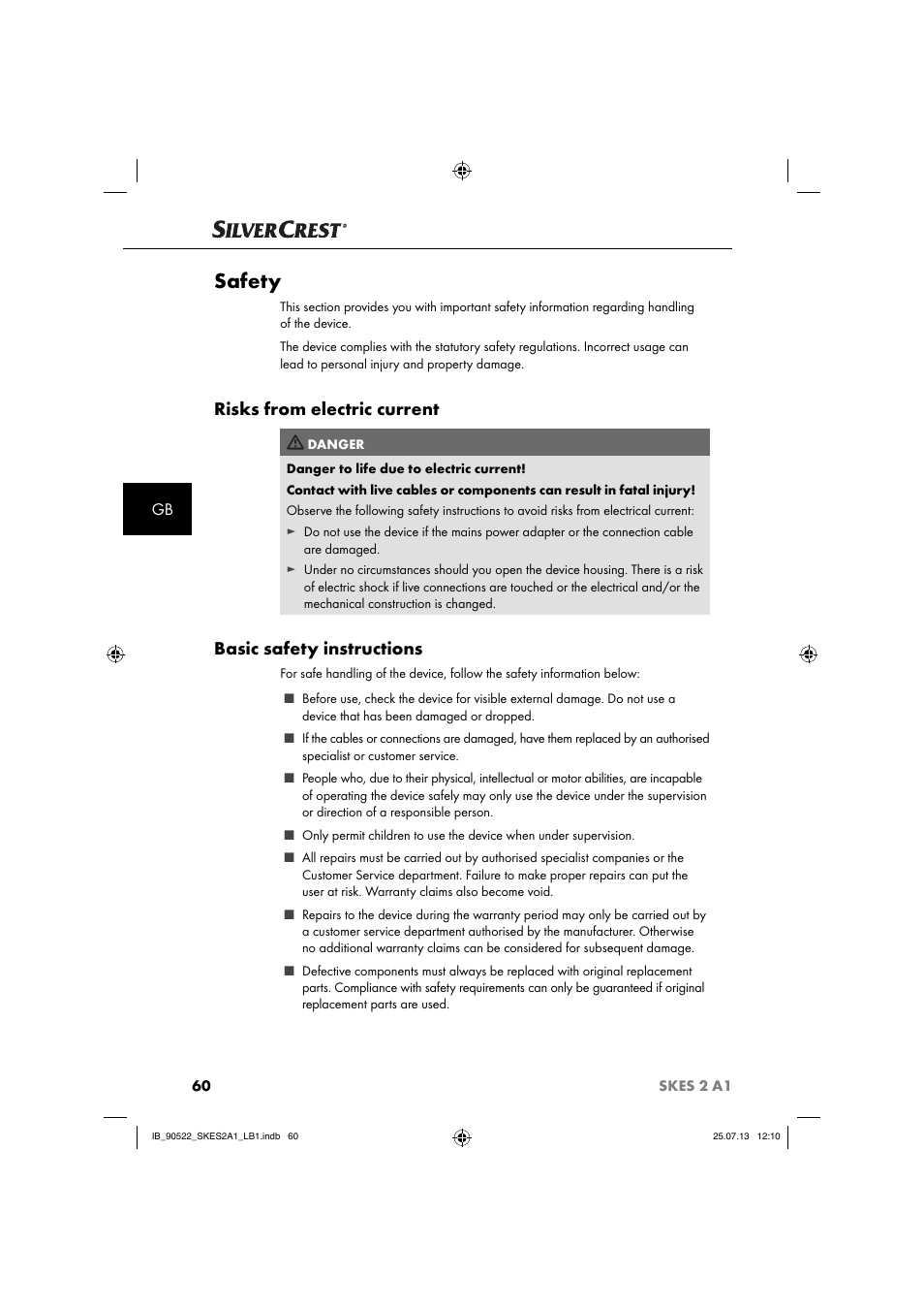 Safety, Risks from electric current, Basic safety instructions | Silvercrest SKES 2 A1 User Manual | Page 63 / 74