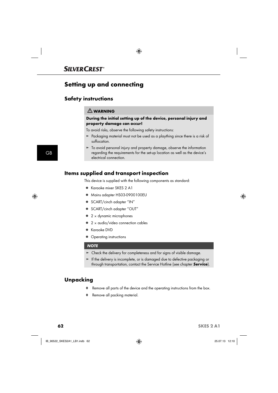 Setting up and connecting, Safety instructions, Items supplied and transport inspection | Unpacking | Silvercrest SKES 2 A1 User Manual | Page 65 / 74