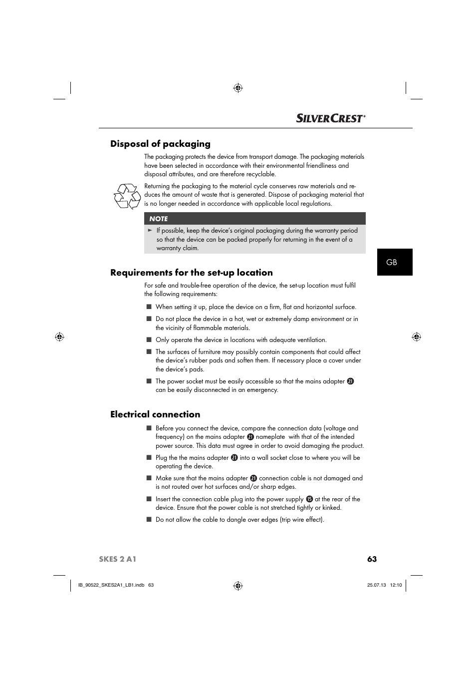 Disposal of packaging, Requirements for the set-up location, Electrical connection | Silvercrest SKES 2 A1 User Manual | Page 66 / 74