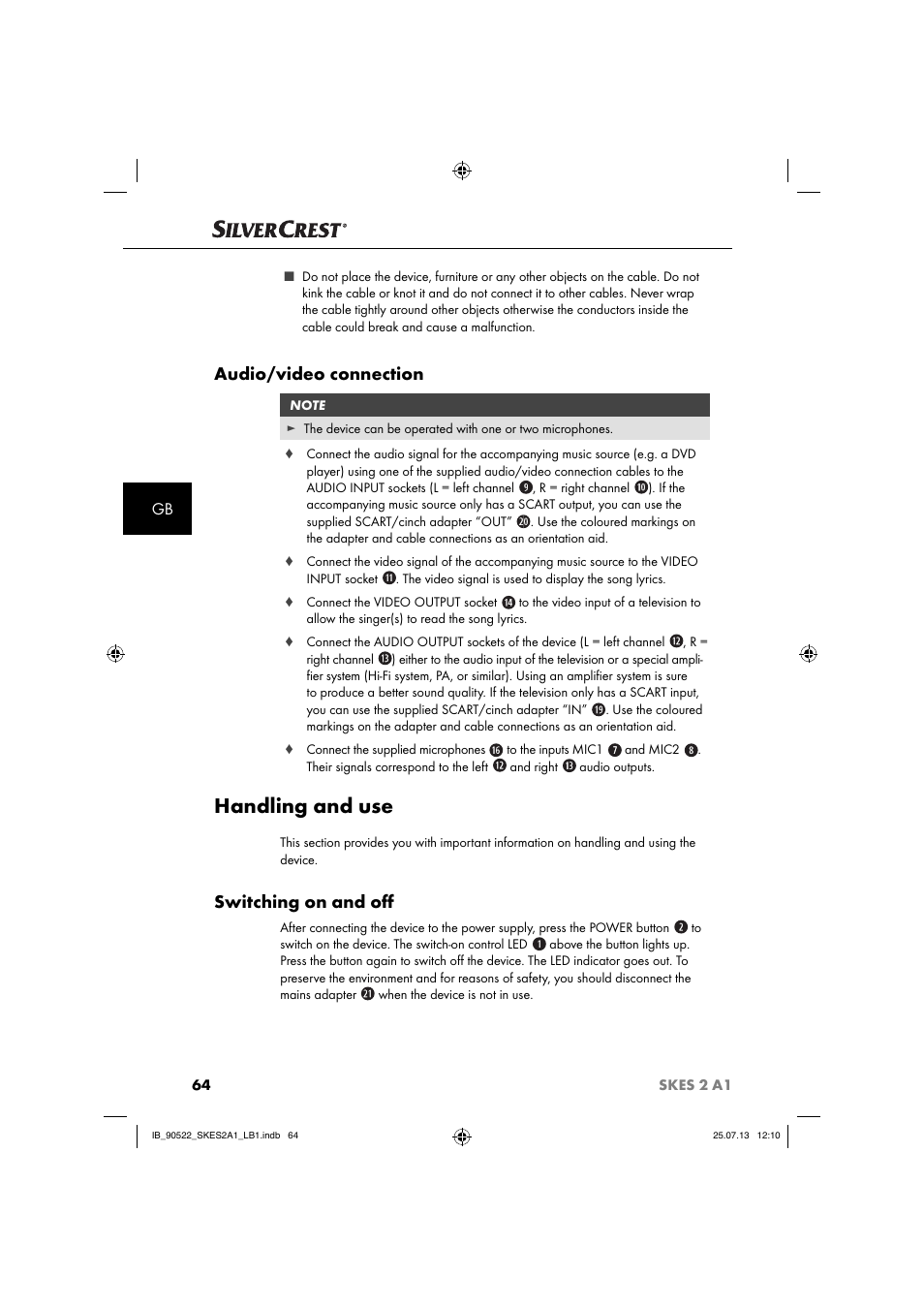 Handling and use, Audio/video connection, Switching on and oﬀ | Silvercrest SKES 2 A1 User Manual | Page 67 / 74