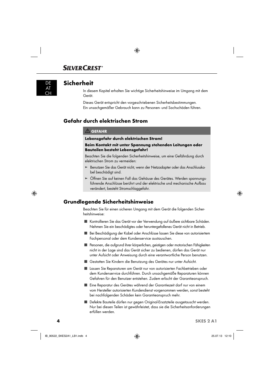 Sicherheit, Gefahr durch elektrischen strom, Grundlegende sicherheitshinweise | De at ch | Silvercrest SKES 2 A1 User Manual | Page 7 / 74