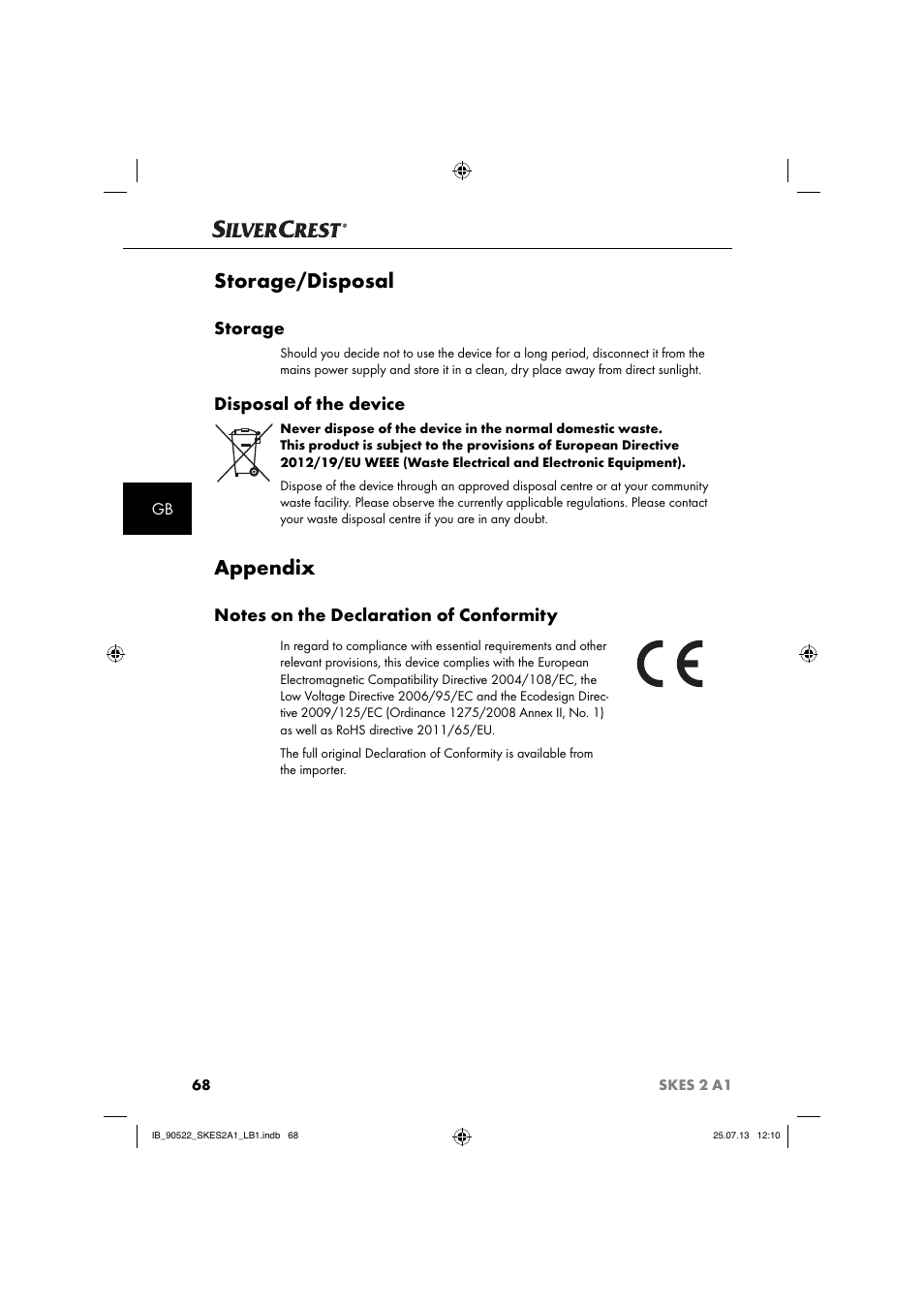 Storage/disposal, Appendix, Storage | Disposal of the device | Silvercrest SKES 2 A1 User Manual | Page 71 / 74