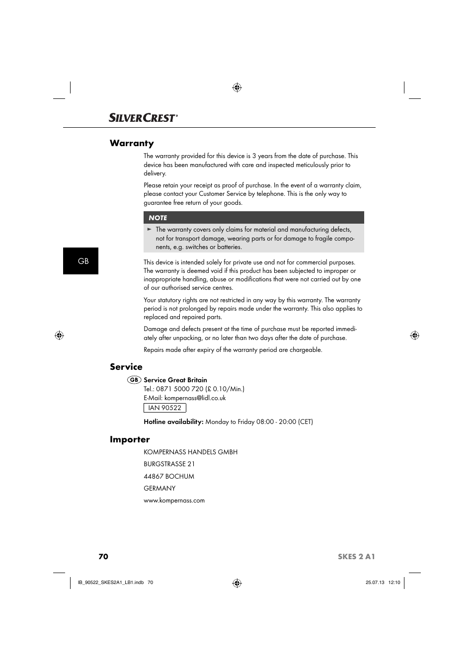 Warranty, Service, Importer | Silvercrest SKES 2 A1 User Manual | Page 73 / 74