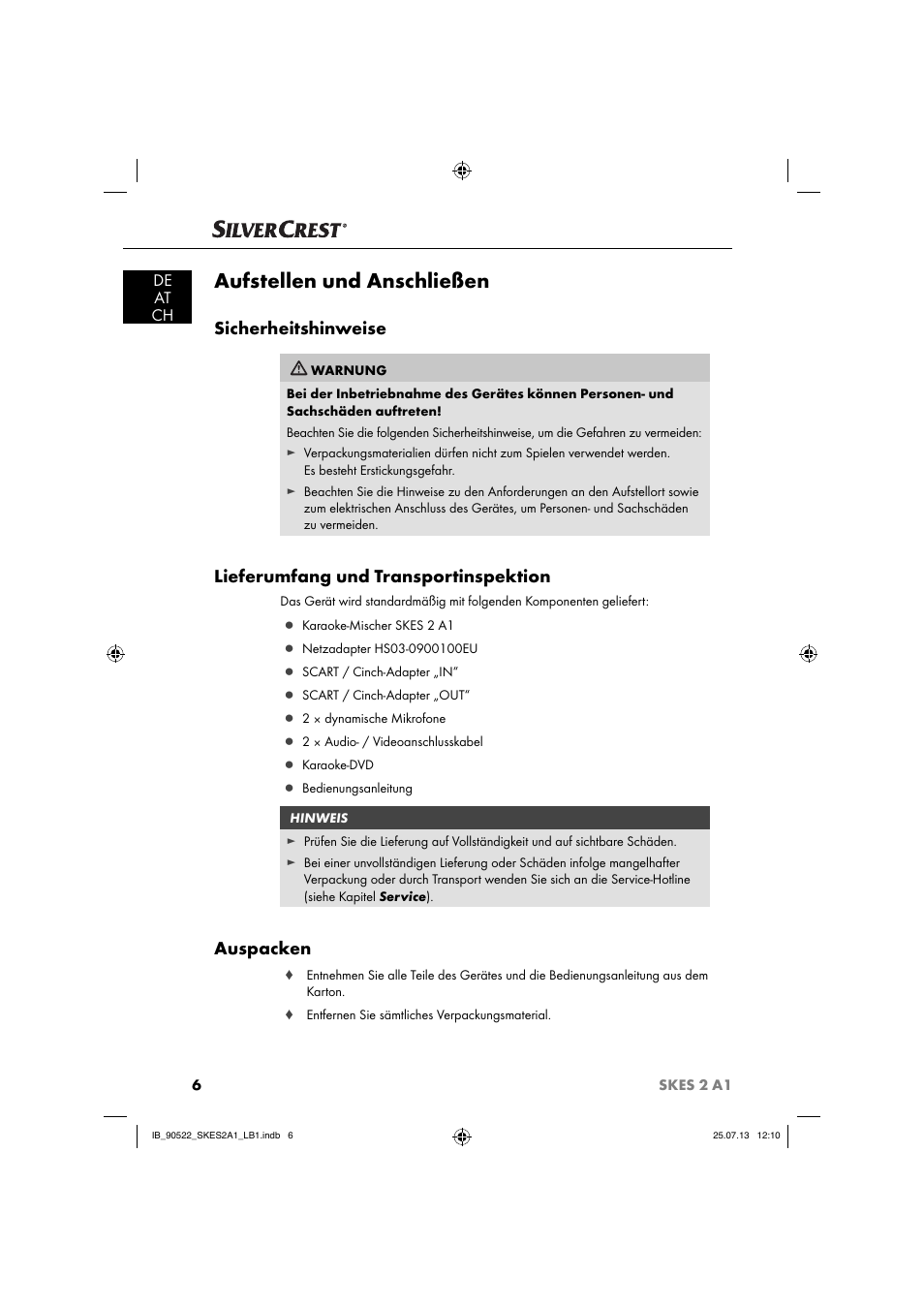 Aufstellen und anschließen, Sicherheitshinweise, Lieferumfang und transportinspektion | Auspacken, De at ch | Silvercrest SKES 2 A1 User Manual | Page 9 / 74