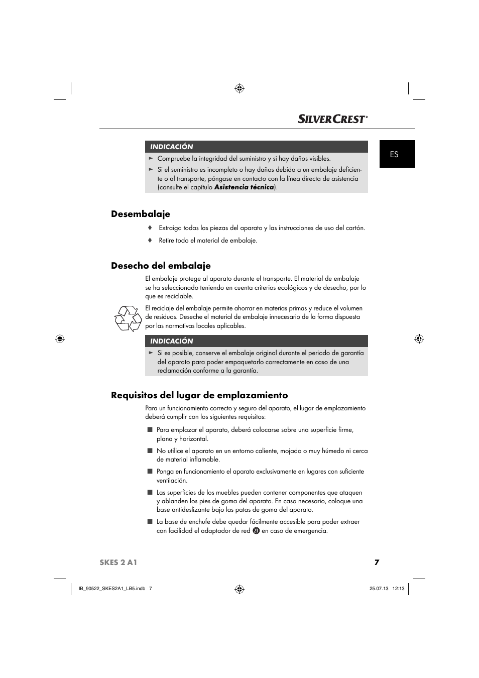 Desembalaje, Desecho del embalaje, Requisitos del lugar de emplazamiento | Silvercrest SKES 2 A1 User Manual | Page 10 / 74