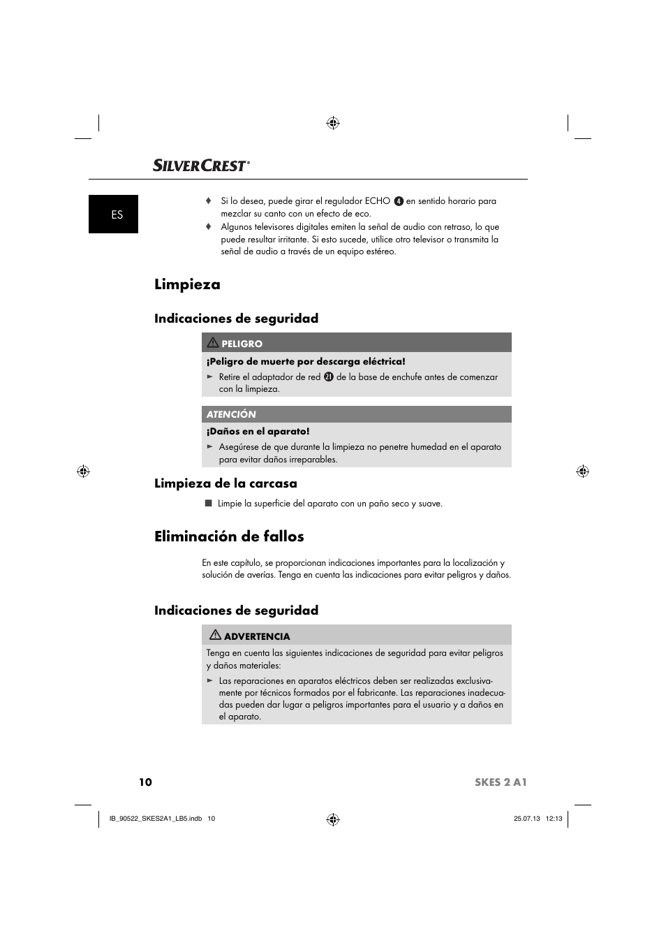 Limpieza, Eliminación de fallos, Indicaciones de seguridad | Limpieza de la carcasa | Silvercrest SKES 2 A1 User Manual | Page 13 / 74