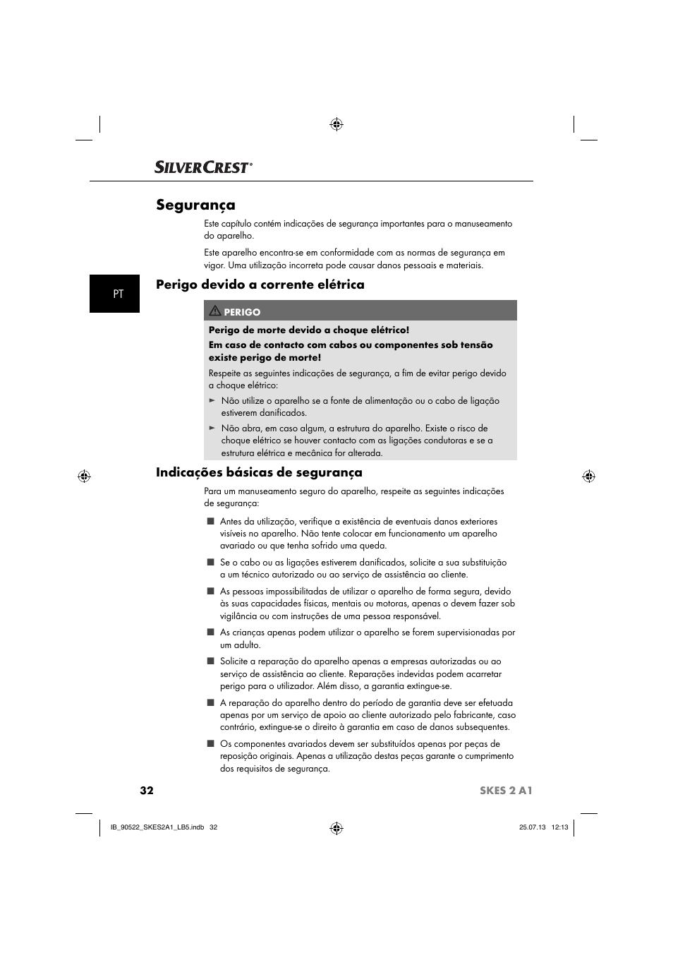 Segurança, Perigo devido a corrente elétrica, Indicações básicas de segurança | Silvercrest SKES 2 A1 User Manual | Page 35 / 74