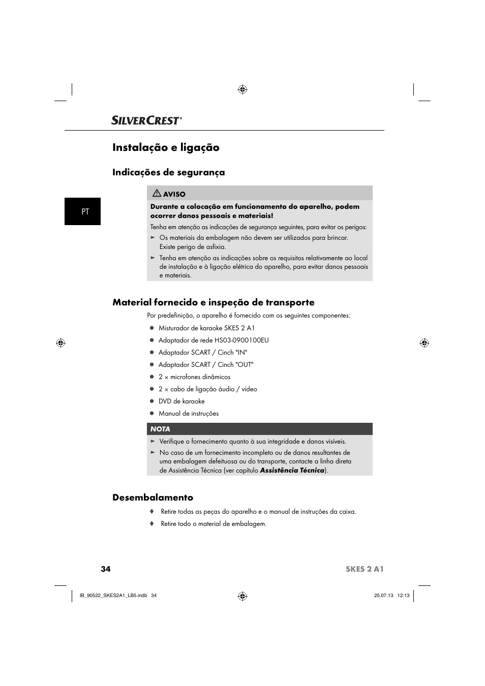 Instalação e ligação, Indicações de segurança, Material fornecido e inspeção de transporte | Desembalamento | Silvercrest SKES 2 A1 User Manual | Page 37 / 74