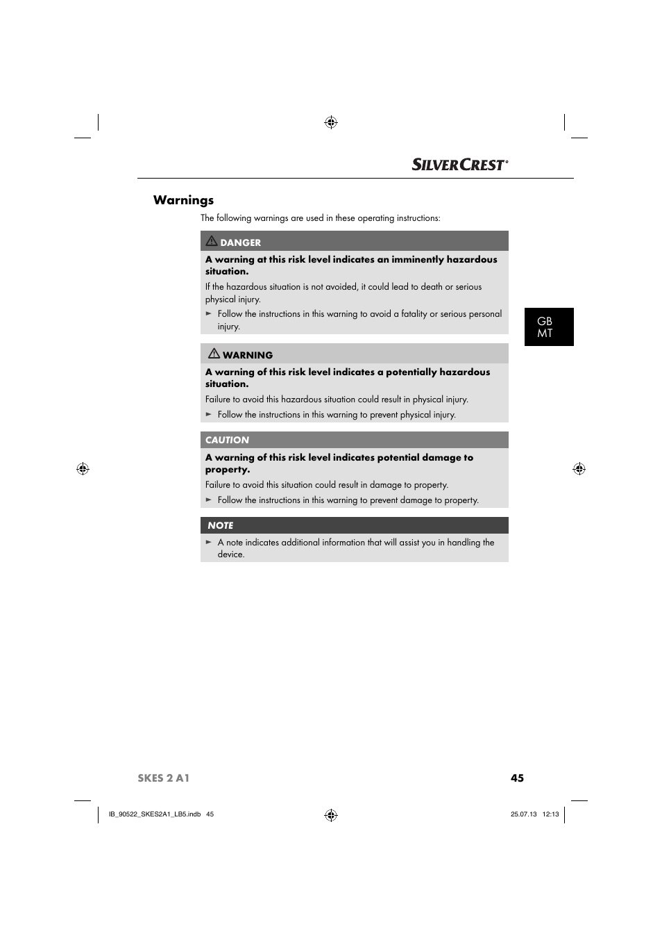 Warnings, Gb mt | Silvercrest SKES 2 A1 User Manual | Page 48 / 74