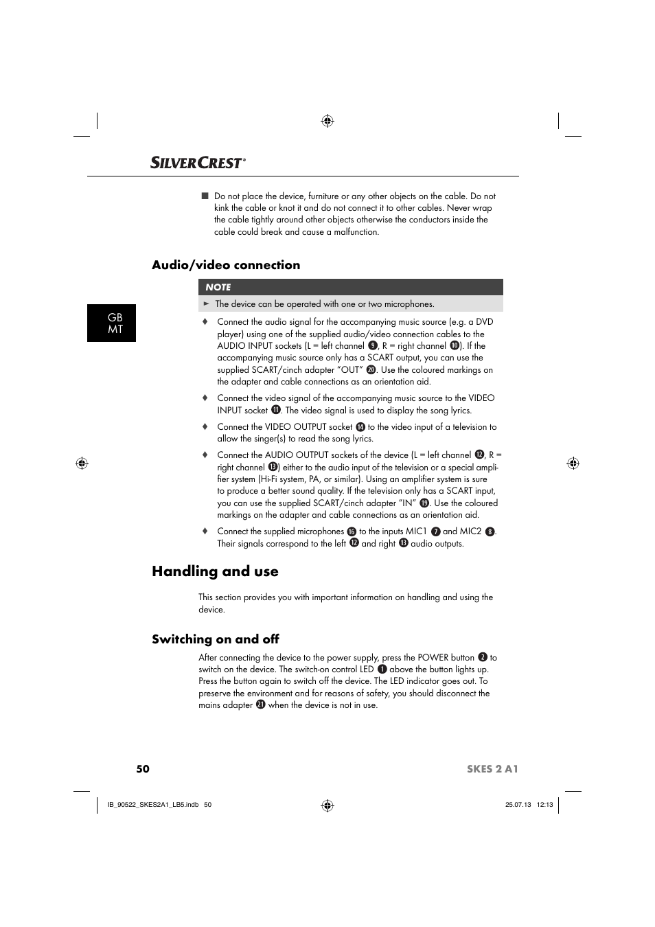 Handling and use, Audio/video connection, Switching on and oﬀ | Gb mt | Silvercrest SKES 2 A1 User Manual | Page 53 / 74