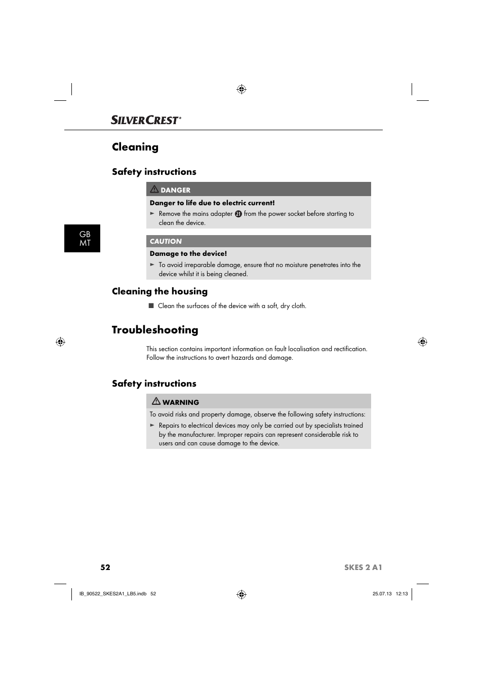 Cleaning, Troubleshooting, Safety instructions | Cleaning the housing, Gb mt | Silvercrest SKES 2 A1 User Manual | Page 55 / 74
