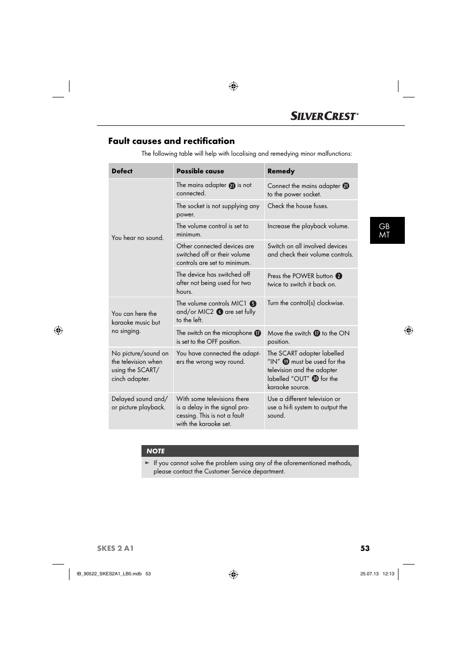 Fault causes and rectiﬁ cation, Gb mt | Silvercrest SKES 2 A1 User Manual | Page 56 / 74