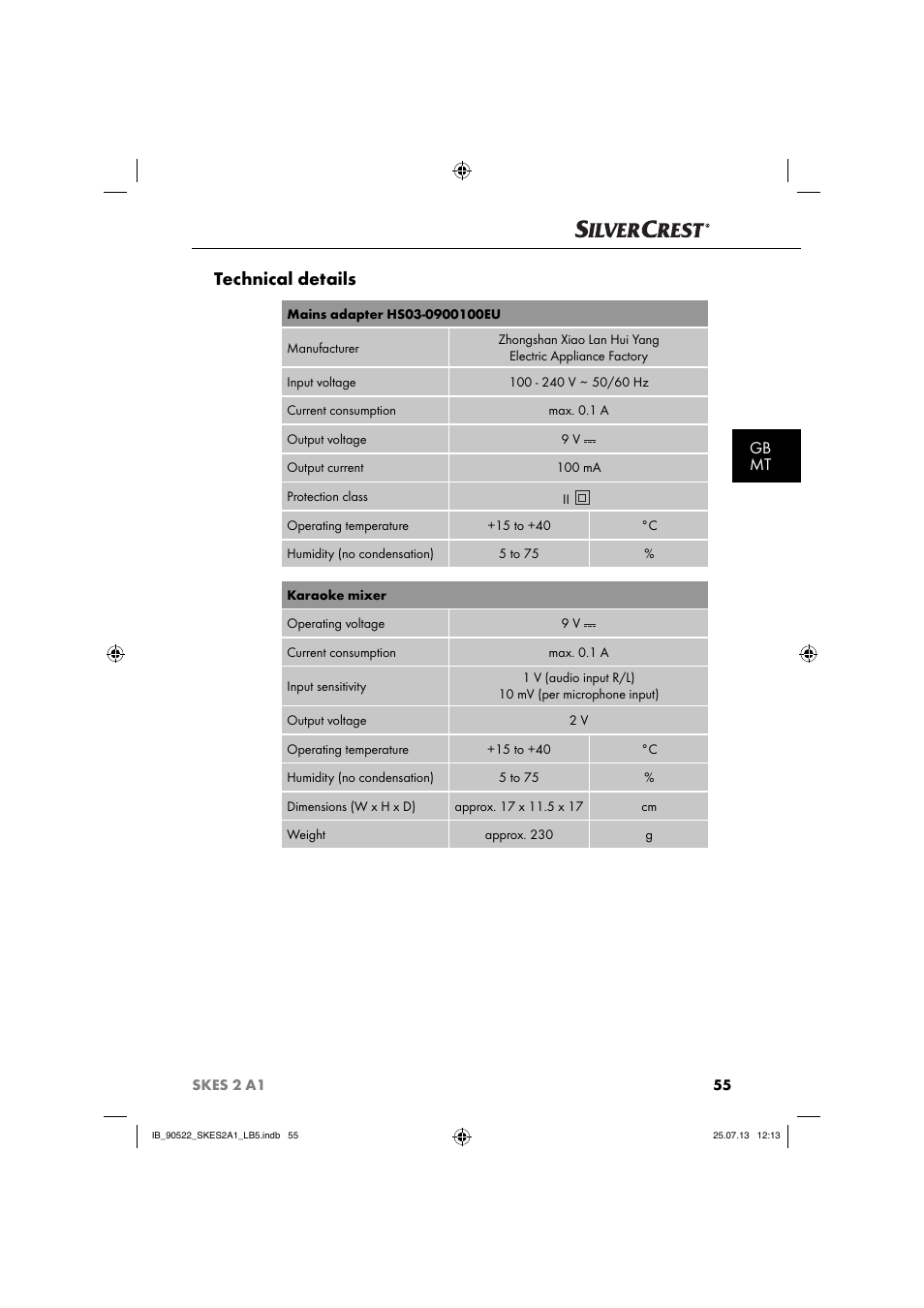 Technical details, Gb mt | Silvercrest SKES 2 A1 User Manual | Page 58 / 74