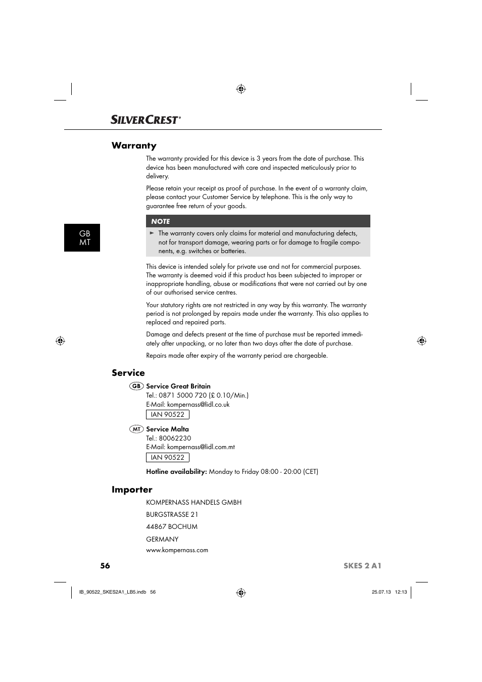 Warranty, Service, Importer | Gb mt | Silvercrest SKES 2 A1 User Manual | Page 59 / 74