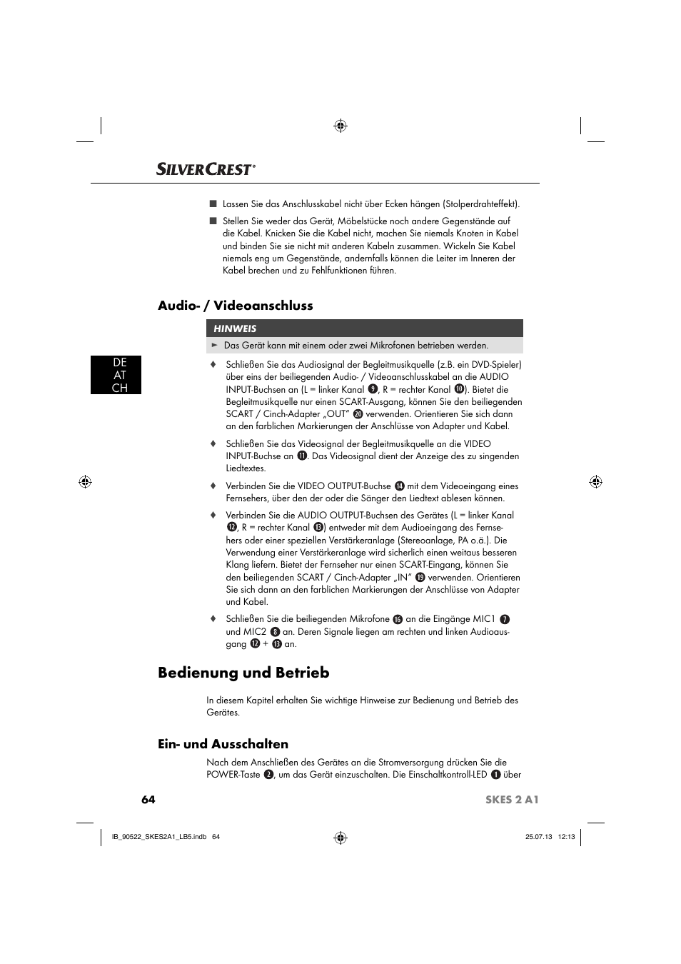 Bedienung und betrieb, Audio- / videoanschluss, Ein- und ausschalten | De at ch | Silvercrest SKES 2 A1 User Manual | Page 67 / 74